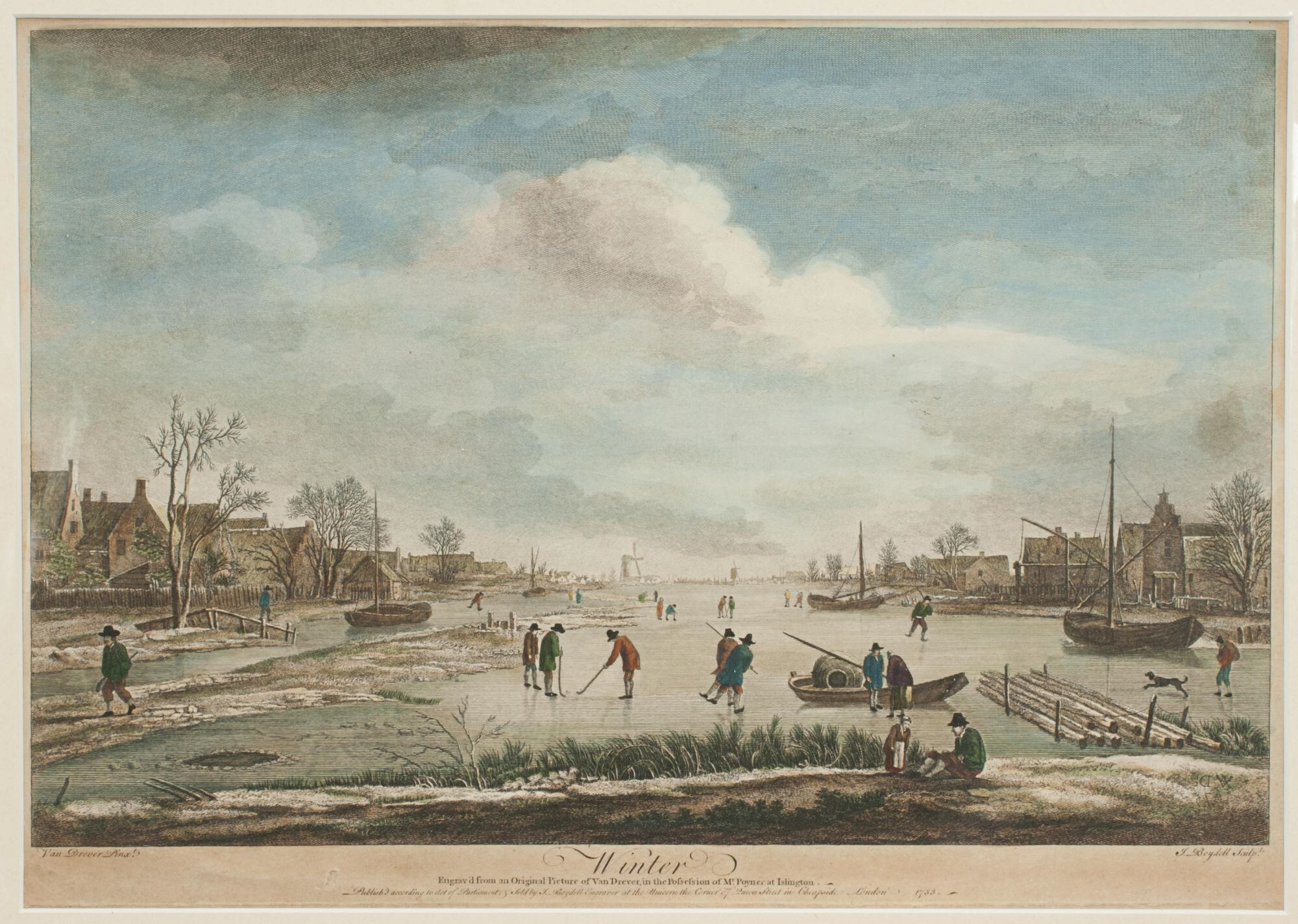 John Boydell, Winter landscape with people ice-skating and playing ice colf on a frozen river - 1753