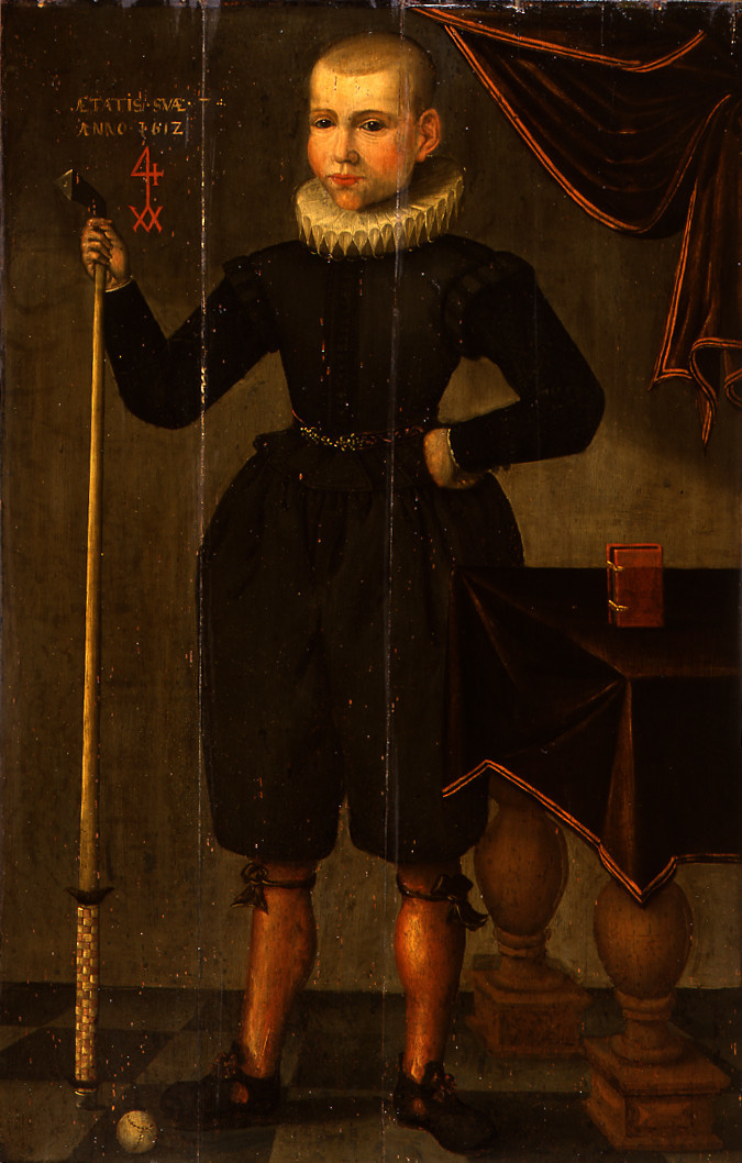 Anoniem, Portret van een jongen met colfstok. 1615