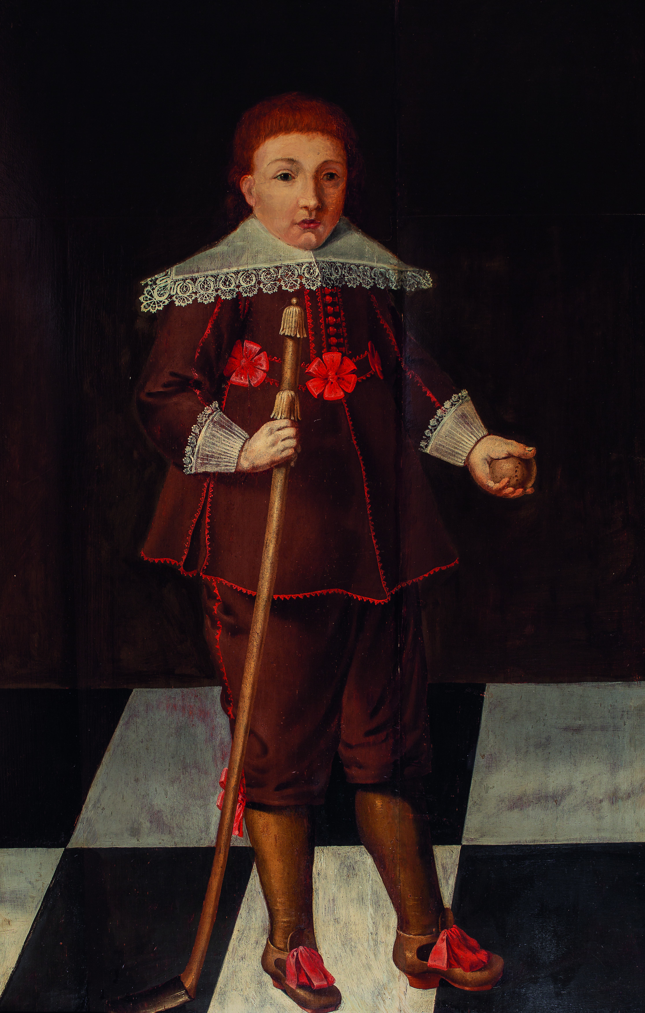 Anoniem, Portrait of a young boy holding a colf stick and ball. c. 1635