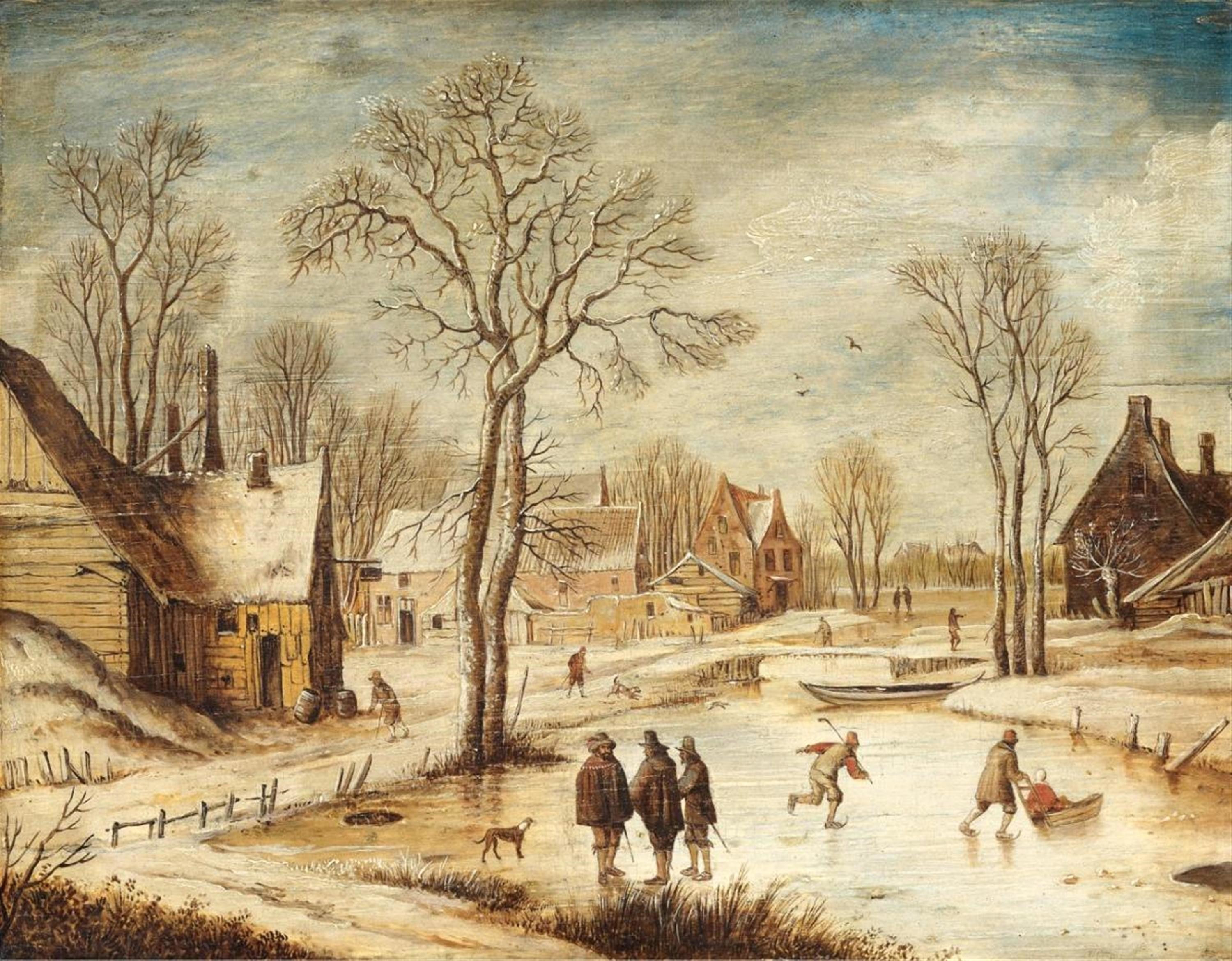 Anoniem, Winter Landscape with skating Colf Player. First half of the seventeenth century
