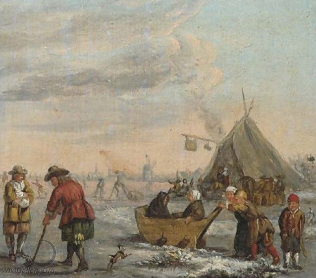 Anoniem, A winter landscape with men playing colf and children on a sledge