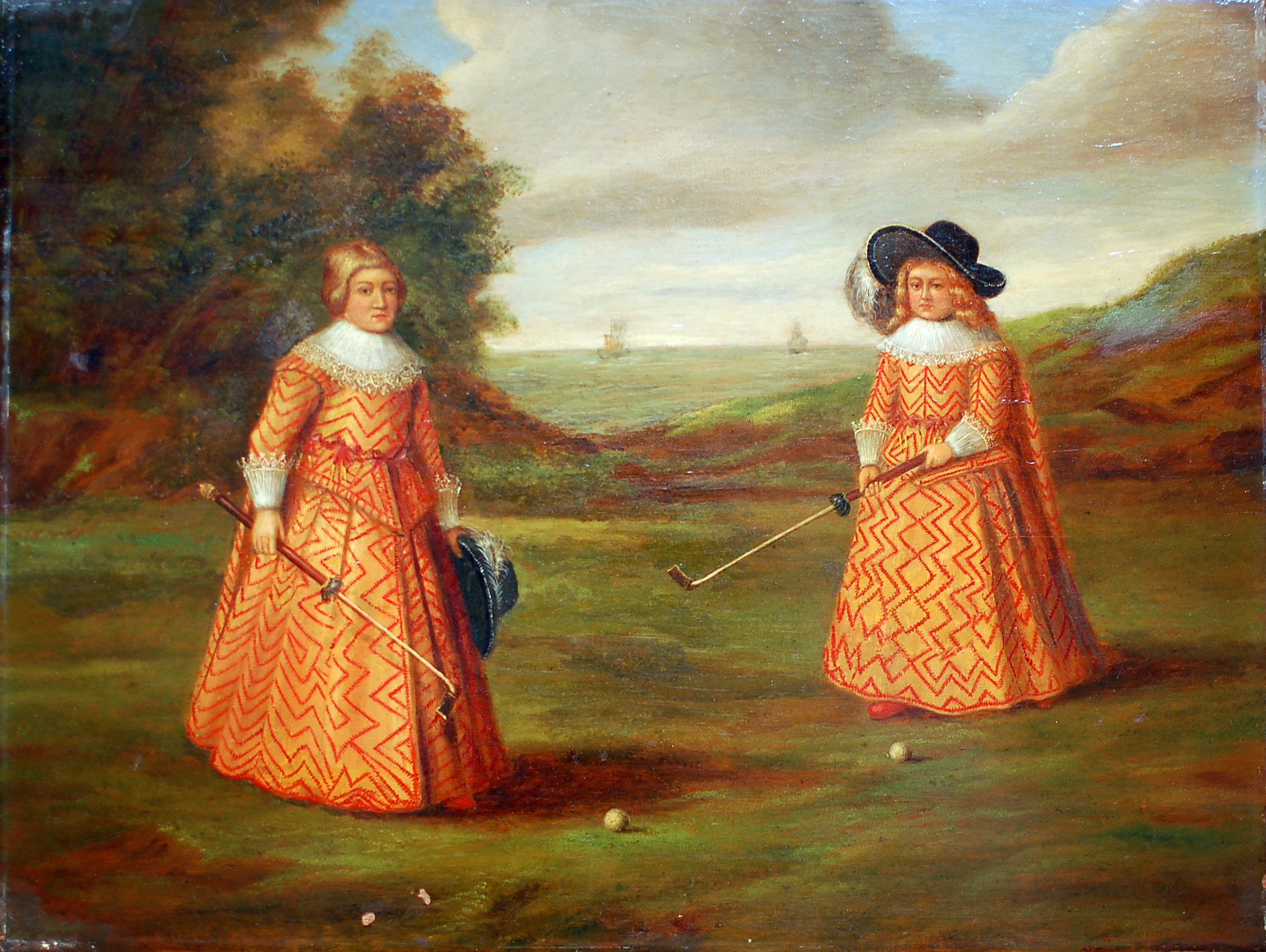 Anoniem, Portret van twee jongens met colfstokken en colfballen. 19e-eeuw