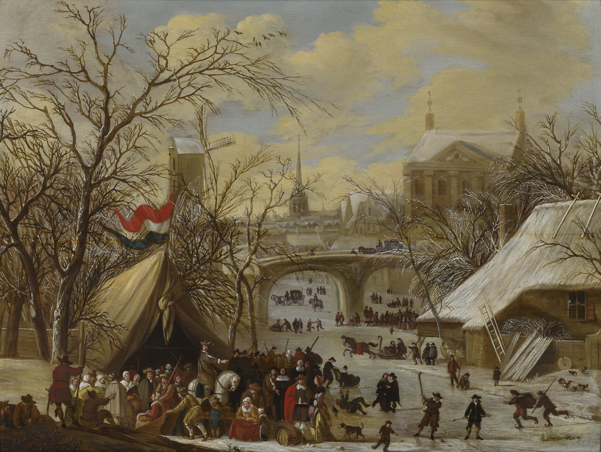 Gerrit Battem, Winter landscape with figures on a frozen canal