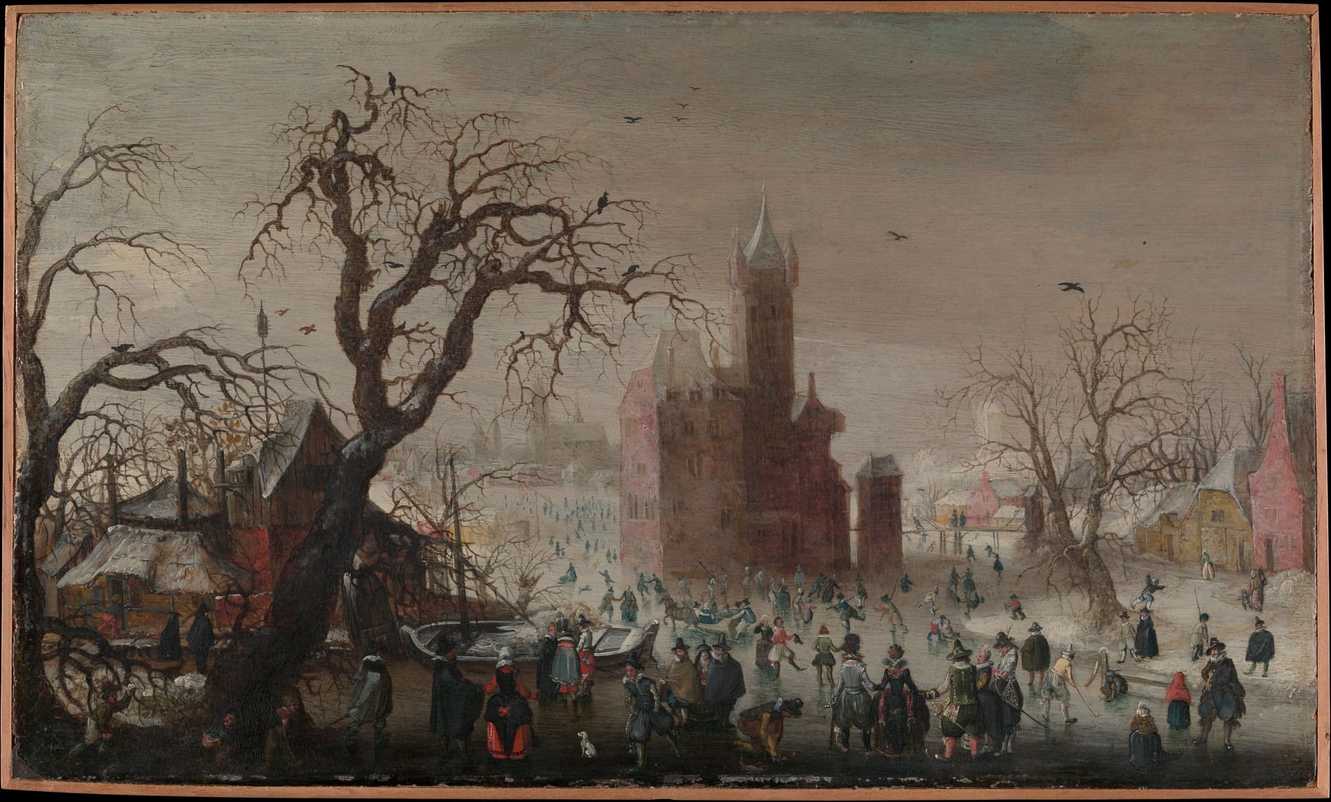 Christoffel van den Berghe, A Winter Landscape with Ice Skaters and an Imaginary Castle. Ca. 1615-1620