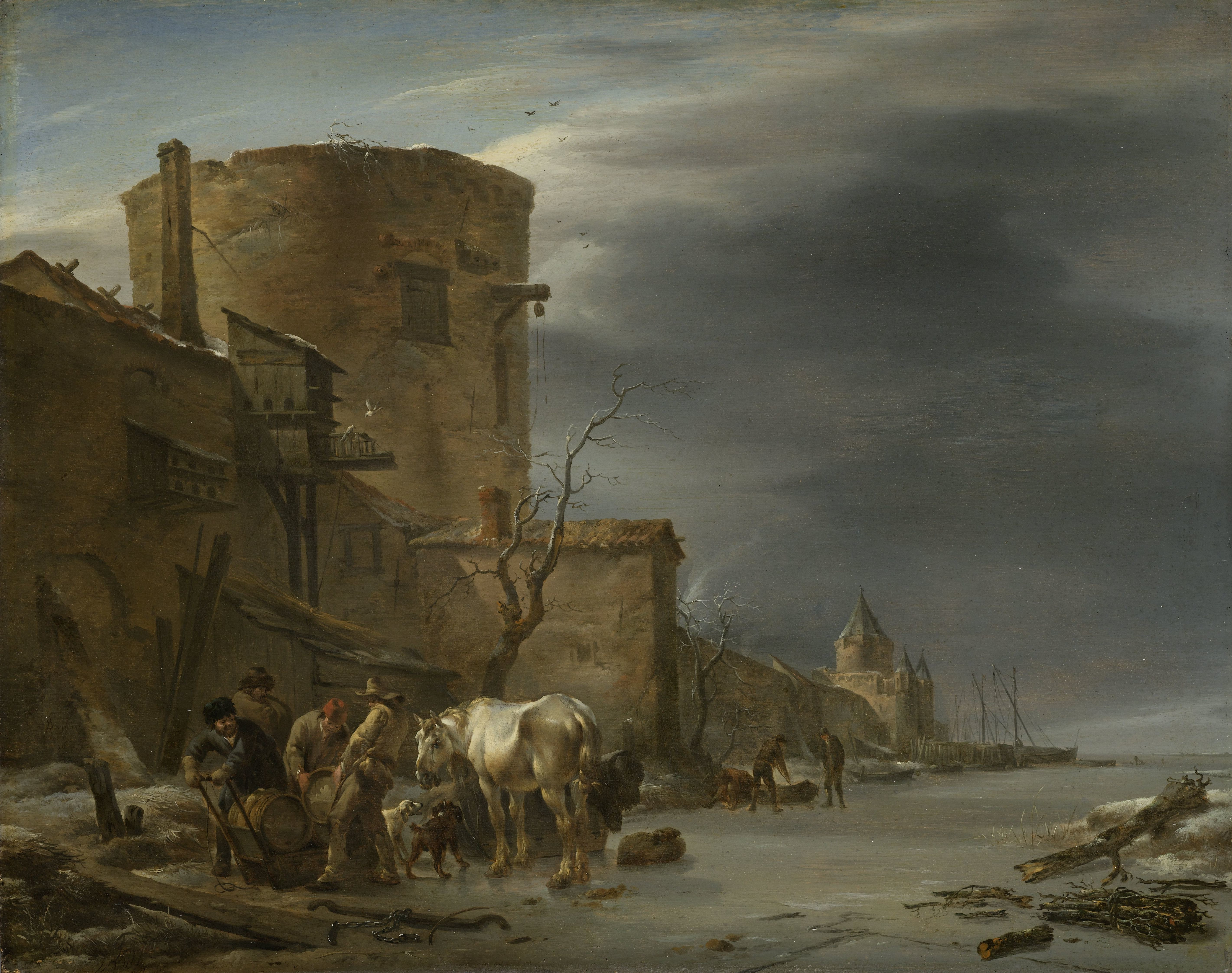 Nicolaes Pietersz. Berghem, Stadswal van Haarlem in de winter. 1647