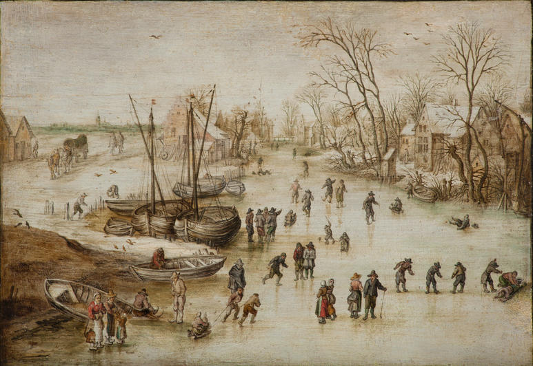 Jan Brueghel I, Skaters and colf players on a canal