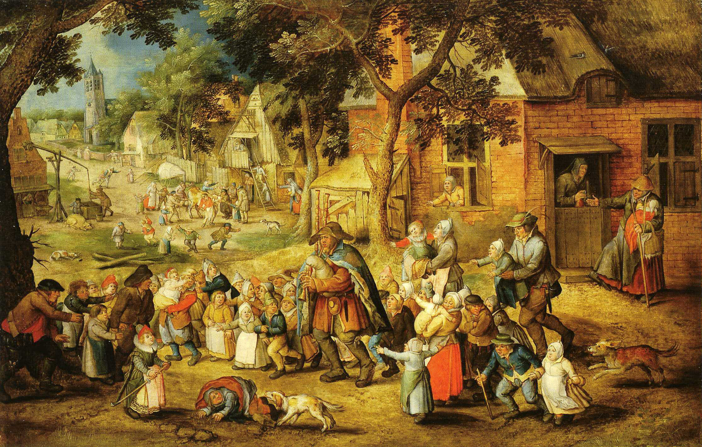 Pieter Breughel II, Bagpipe player surrounded by children