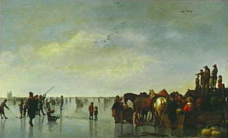 Abraham van Calraet, IJsgezicht met veel figuren