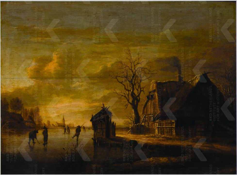 Rafaël Govertsz. Camphuysen, Winterlandschap met colver en schaatsenrijders