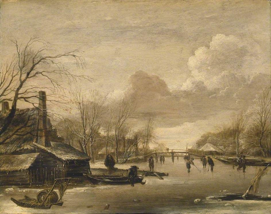 Jan van de Cappelle, Winter Scene with Thatched Cottages and a Frozen River Spanned by a Wooden Bridge. C. 1650
