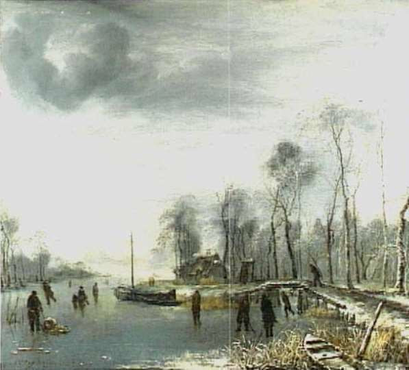 Jan van de Cappelle, Winterlandschap met enkele schaatsers en colfspelers. 1653