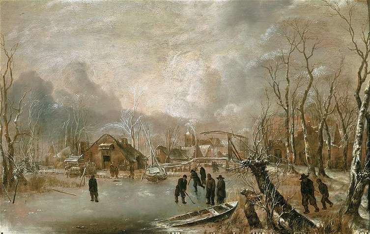 Jan van de Cappelle, A winter landscape with skaters and a colf player