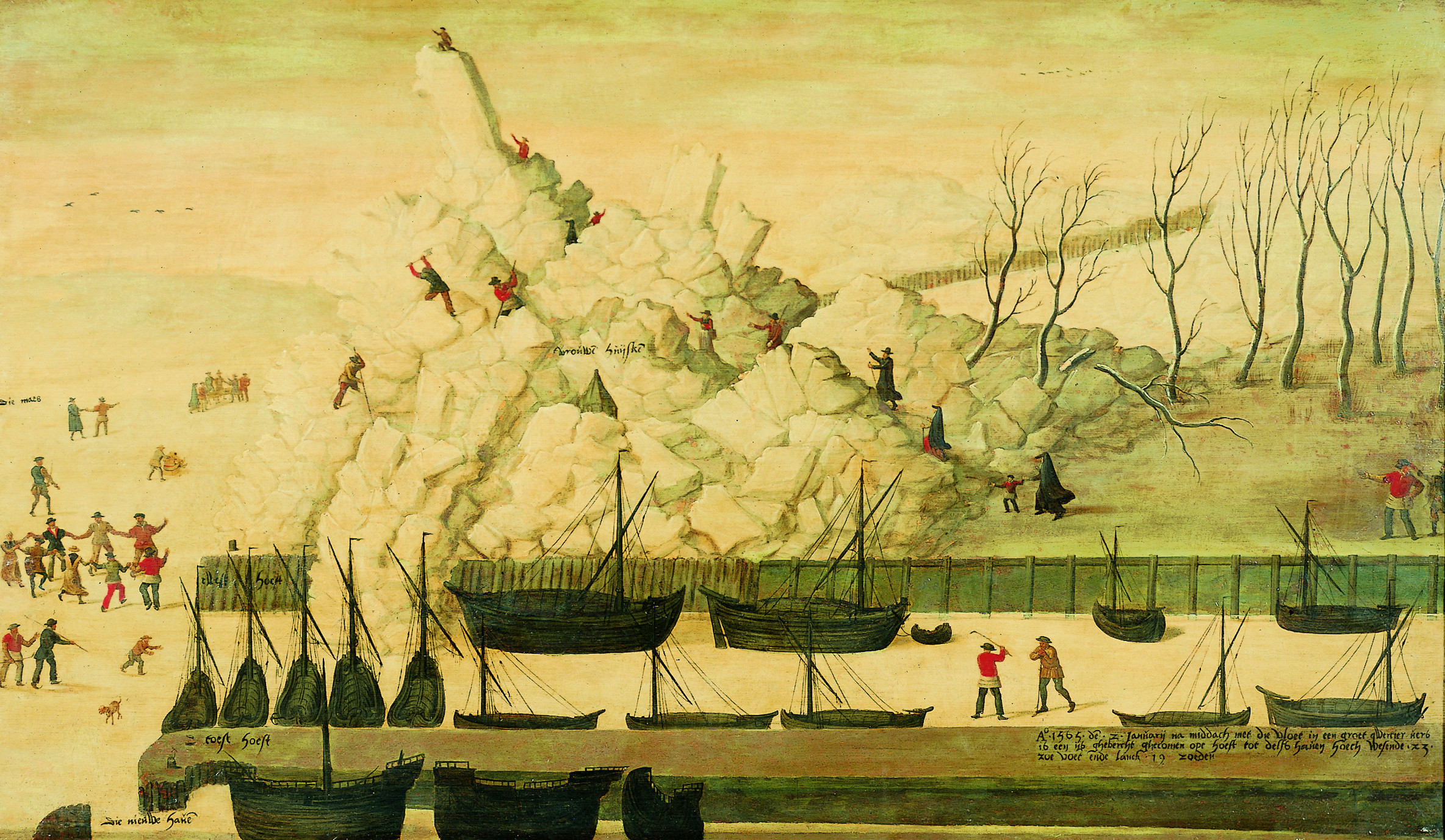 Cornelis Jacobsz. van Culemborch, ​IJsgang bij het havenhoofd te Delfshaven op 2 januari 1565