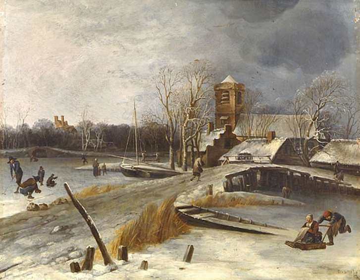 Hendrick Jacobsz. Dubbels, Winter landscape with skaters and a colf player