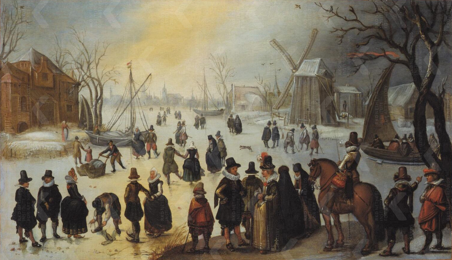 Adriaen Adriaensz. Ghibons, Winterlandschap met ijsvermaak op een vaart bij een dorp