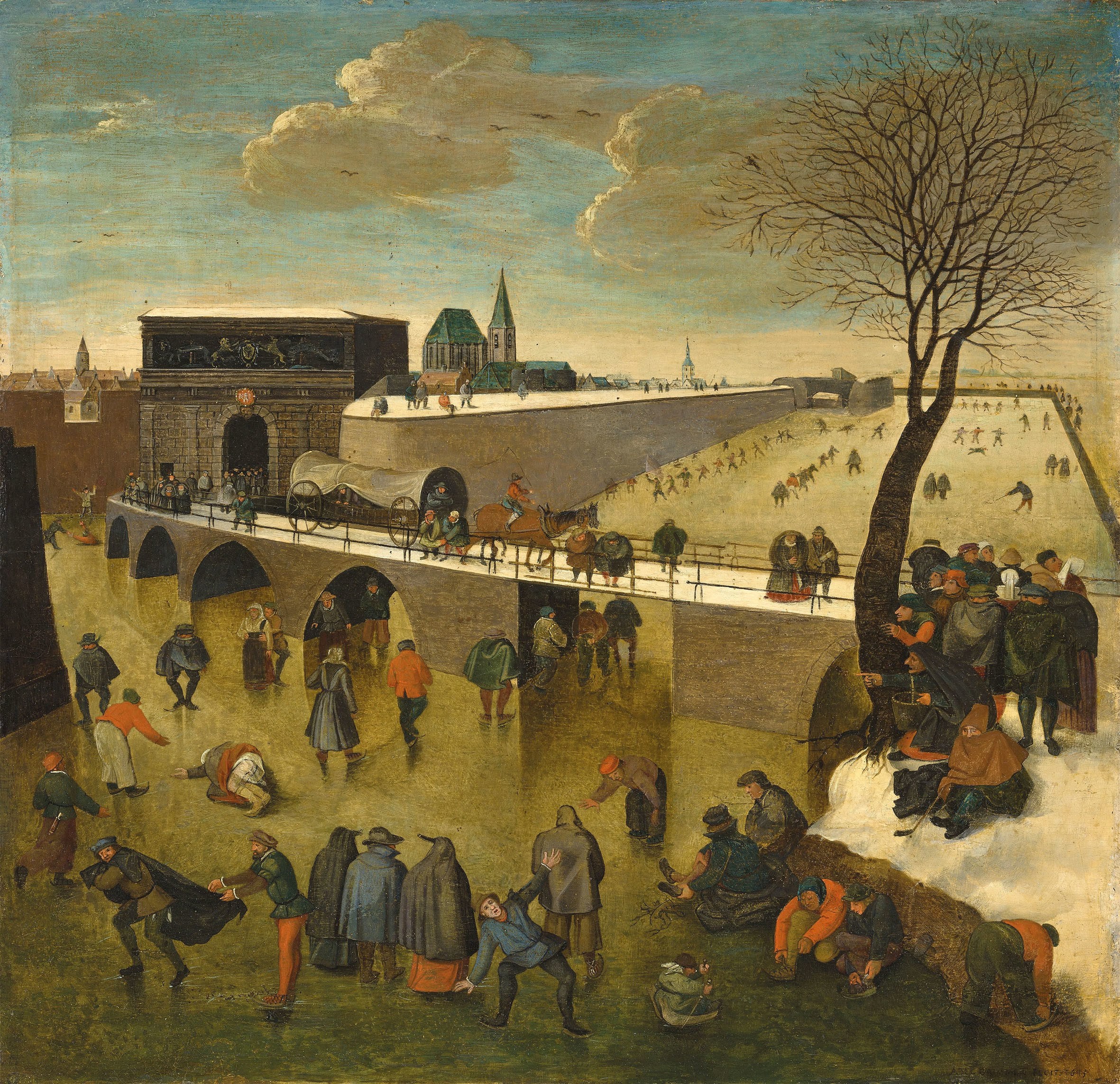 Abel Grimmer, A winter landscape with ice skaters and a colf player before the Gate of Saint George at Antwerp