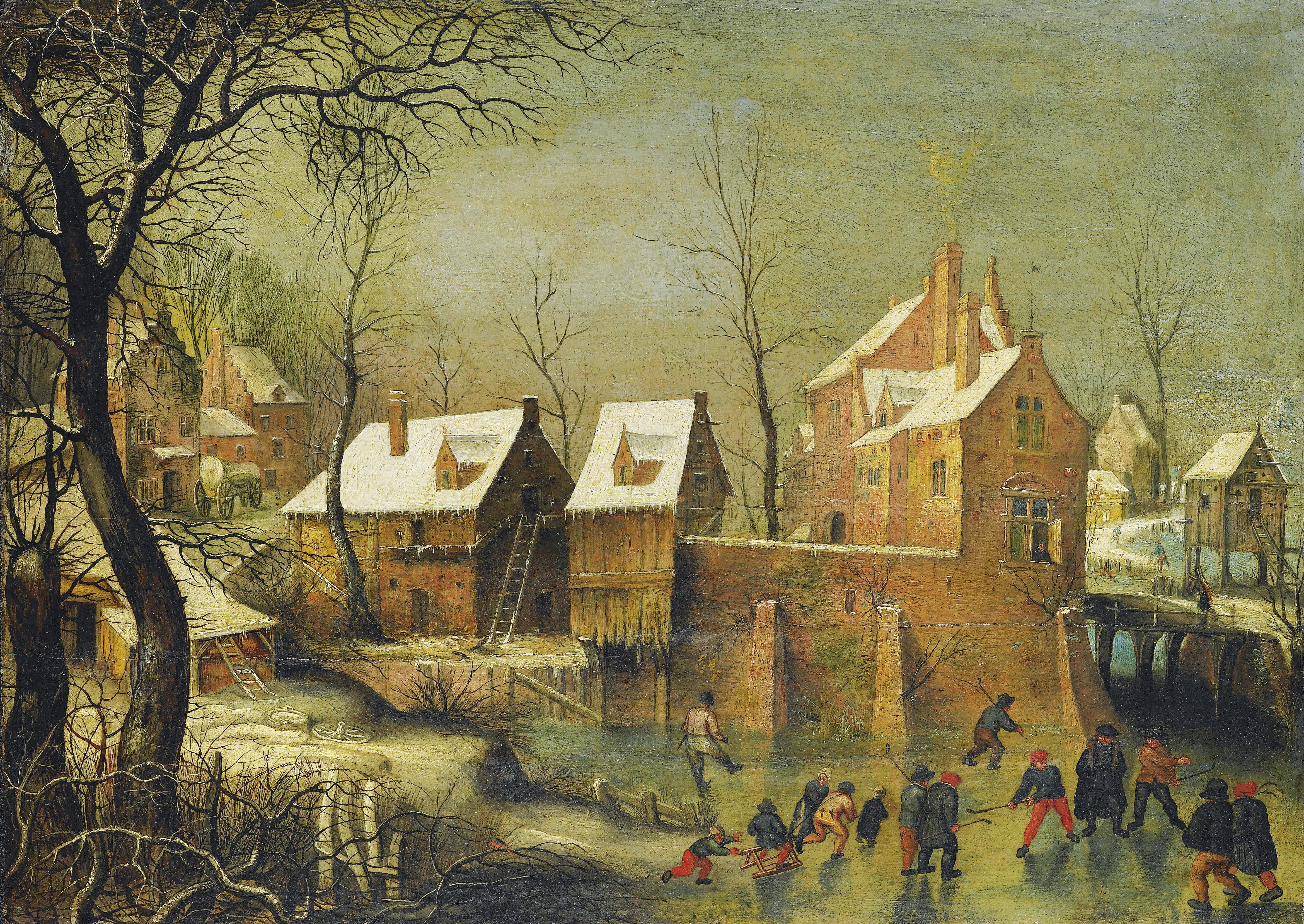 Jacob Grimmer, Townscape with Skaters on a Frozen River