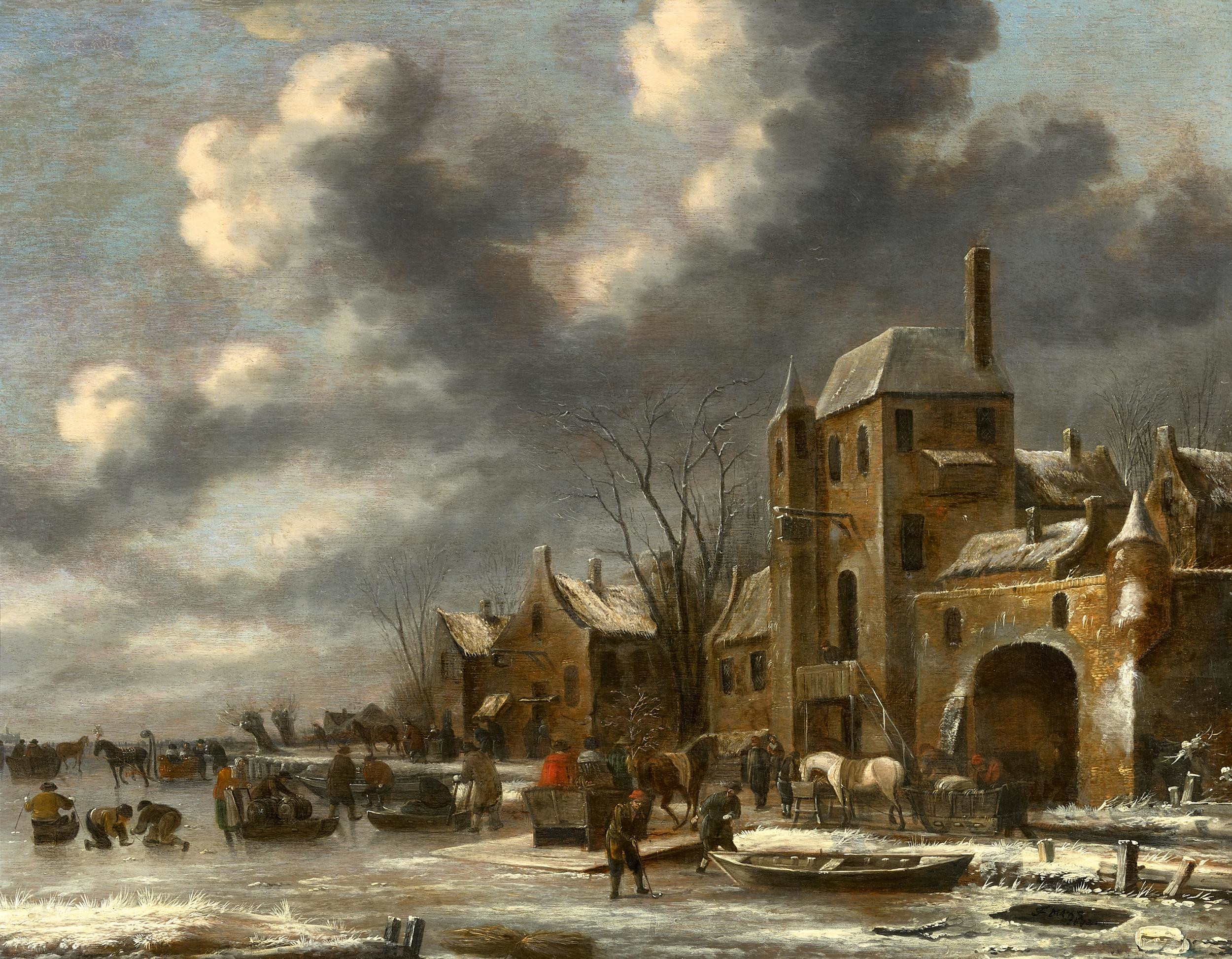 Thomas Heeremans, Winter landscape with figures on the ice outside a town. 1673