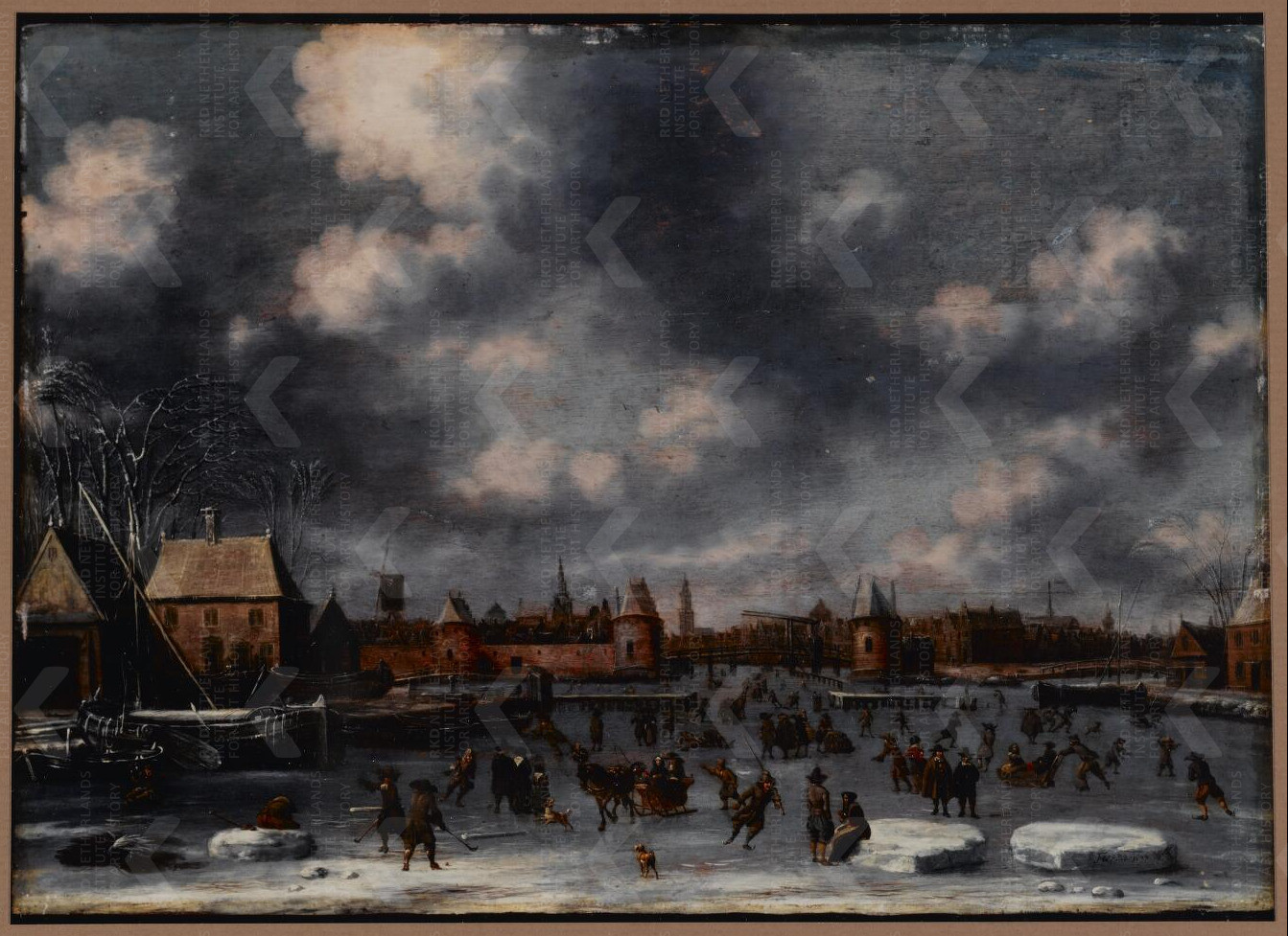 Thomas Heeremans, IJsvermaak buiten de muren van een stad. 1677
