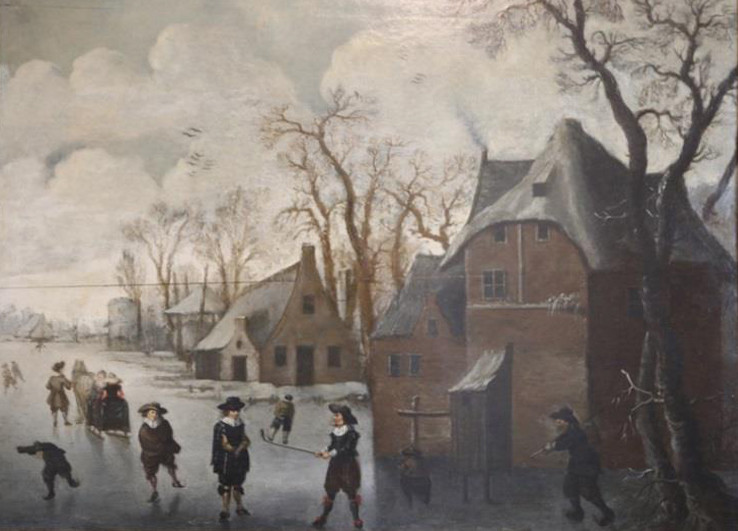 Thomas Heeremans, Skaters on village frozen river. C. 1680