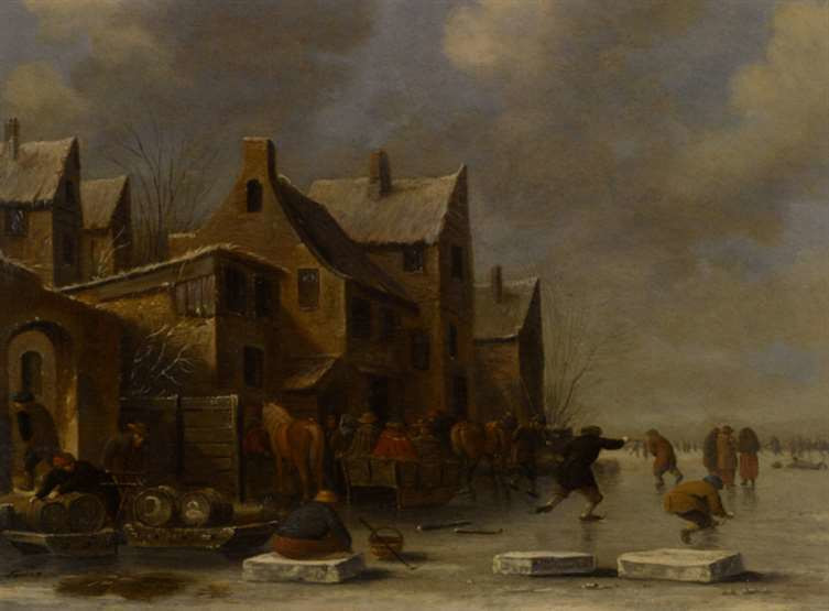 Thomas Heeremans, A winter Landscape with a resting Colf Player and Other Figures Skating on a Frozen River. C. 1685