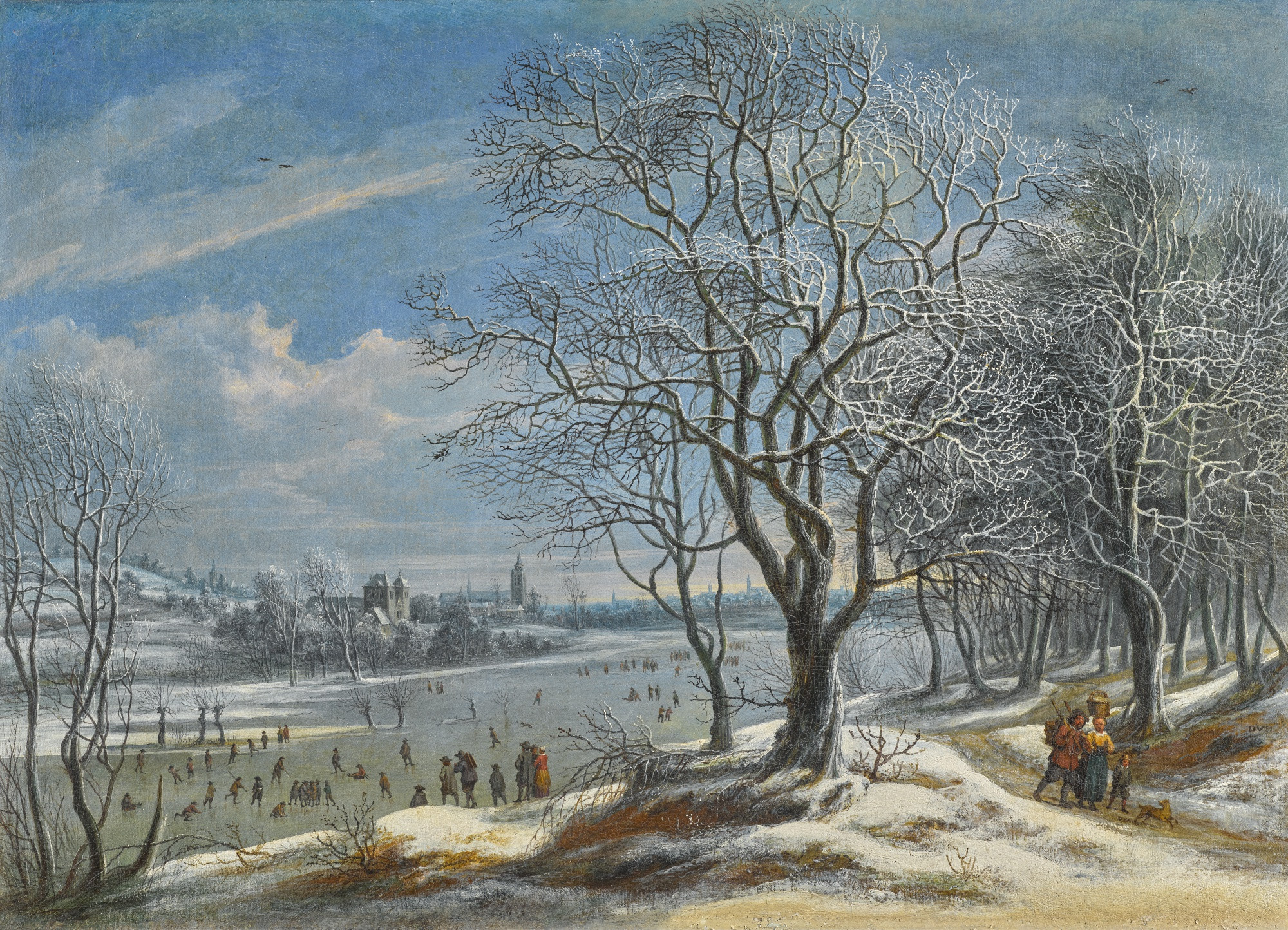 Daniël van Heil, Winter landscape with skaters and one colf player and figures on a path in a wood