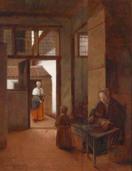 Pieter de Hooch, Interieur met een vrouw en een kind met colfstok. 1655-1656