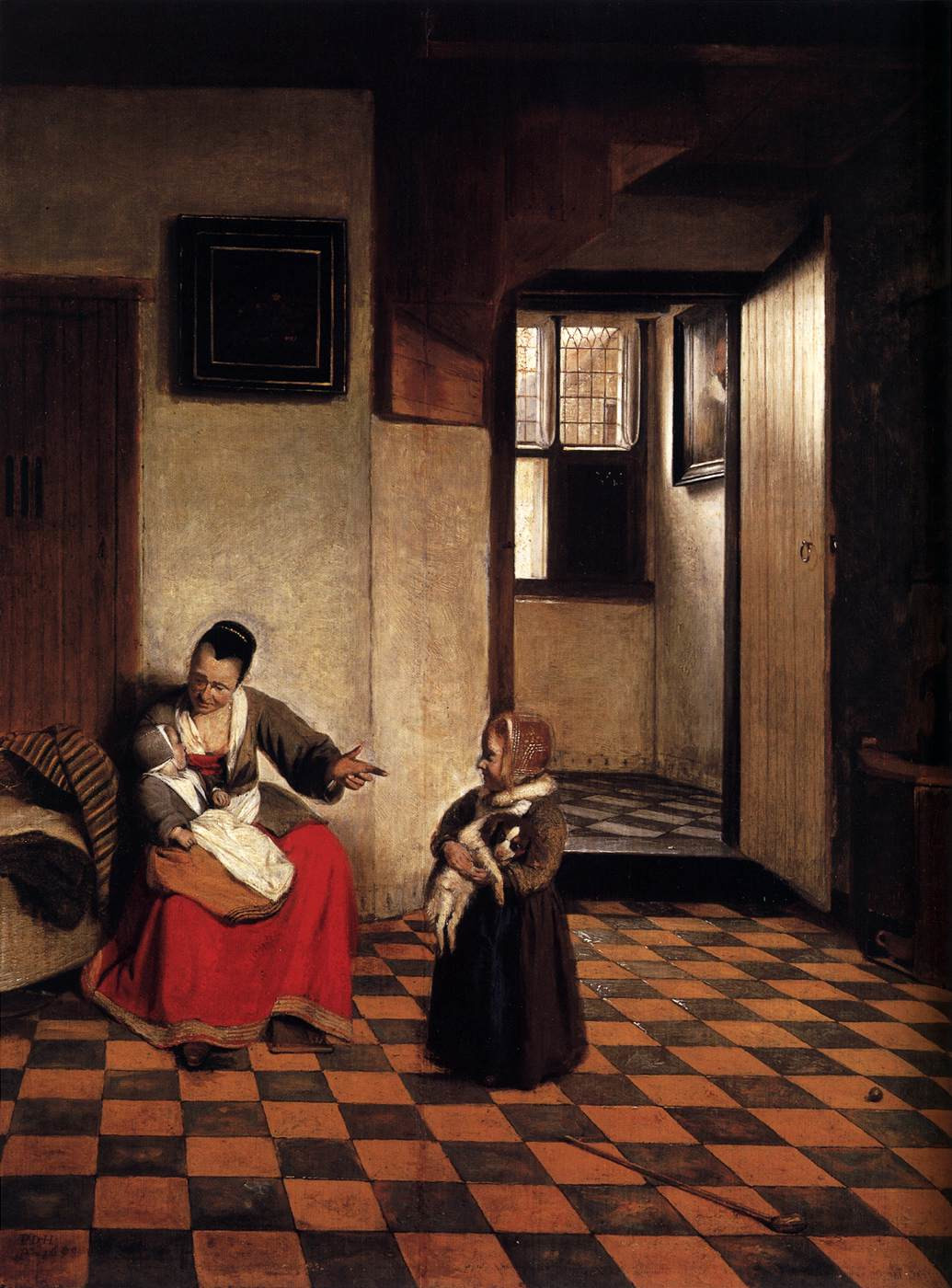 Pieter de Hooch, Vrouw met baby op schoot en een kind dat een hondje vasthoudt. 1658