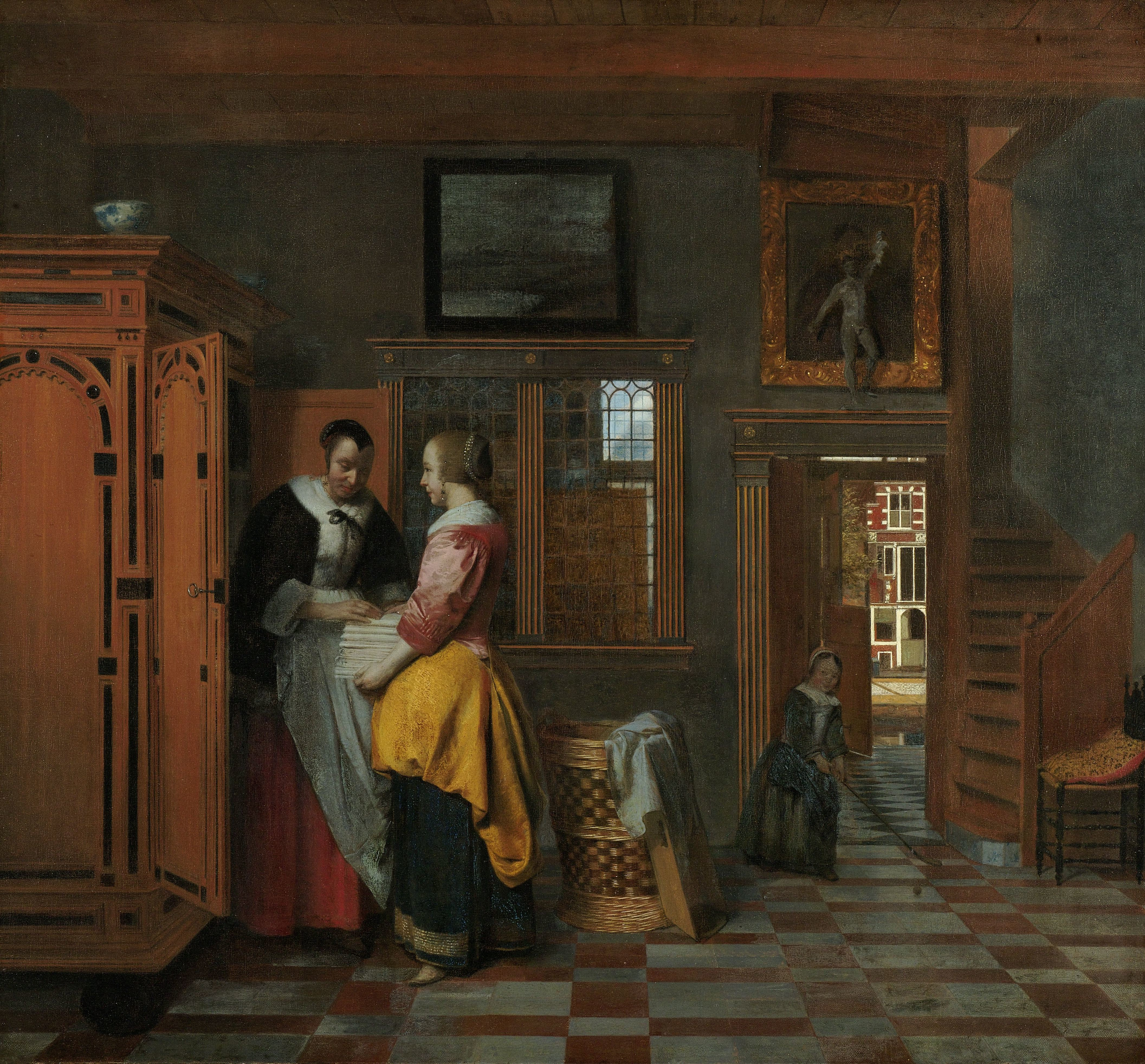 Pieter de Hooch, Binnenhuis met vrouwen bij een linnenkast. 1663