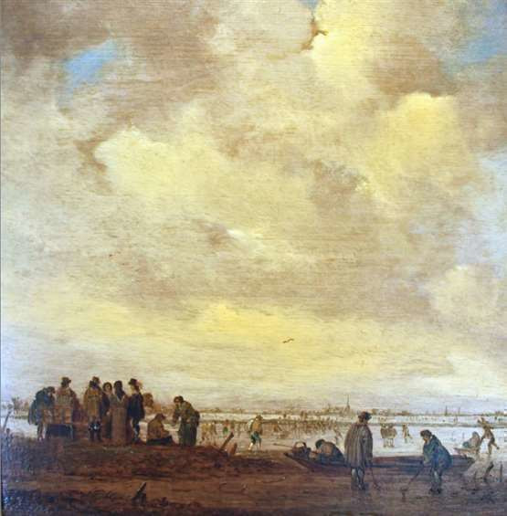 Maerten Fransz. van der Hulst, Schaatsenrijders en colfspelers op een bevroren rivier. 1630-1645