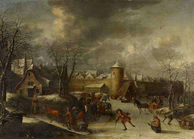 Johannes Maas II, Winter landscape with ice-skaters, sleighs and colf player