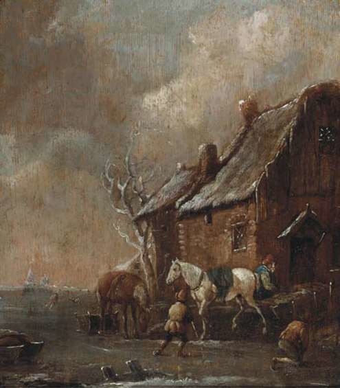 Nicolaes Molenaer, A winter landscape with figures skating and playing colf