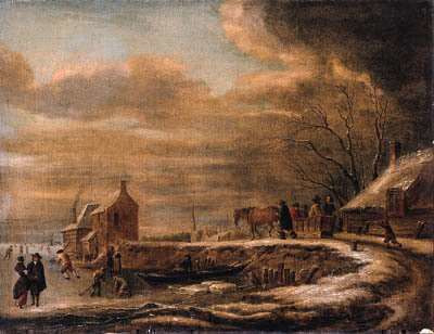 Nicolaes Molenaer, A winterlandscape with a horse-drawn sledge. 1659