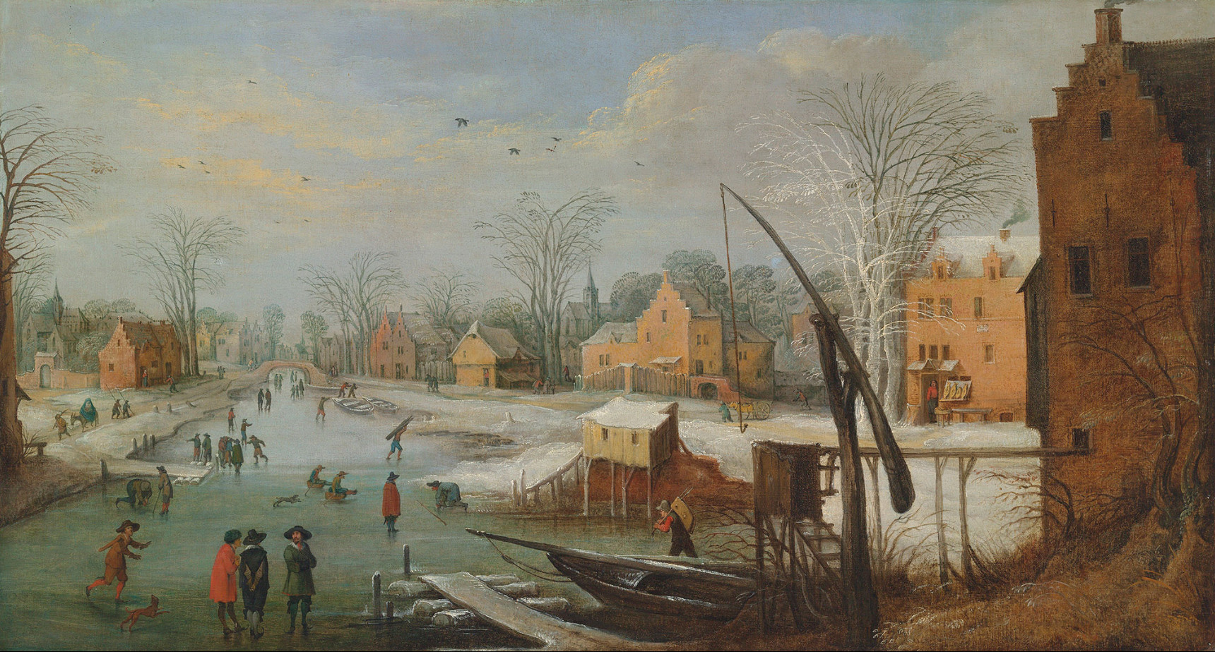 Joos de Momper II, A winter townscape with figures on a frozen river