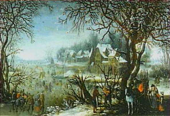 Joos de Momper II, Winterlandschap met schaatsenrijders op een bevroren rivier