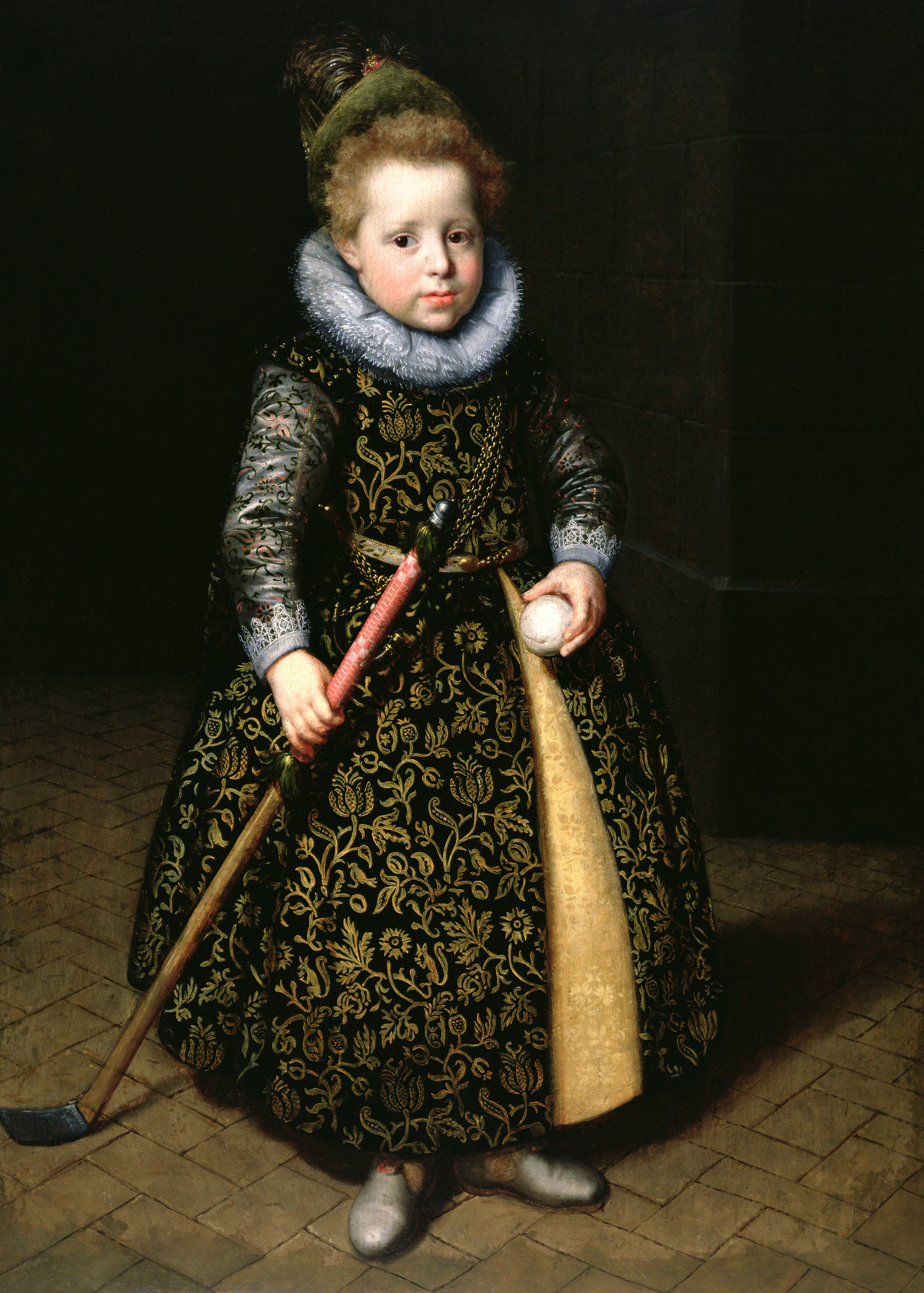 Paulus Moreelse, Portret met kolfstok en leren bal van een vierjarige jongen. 1611