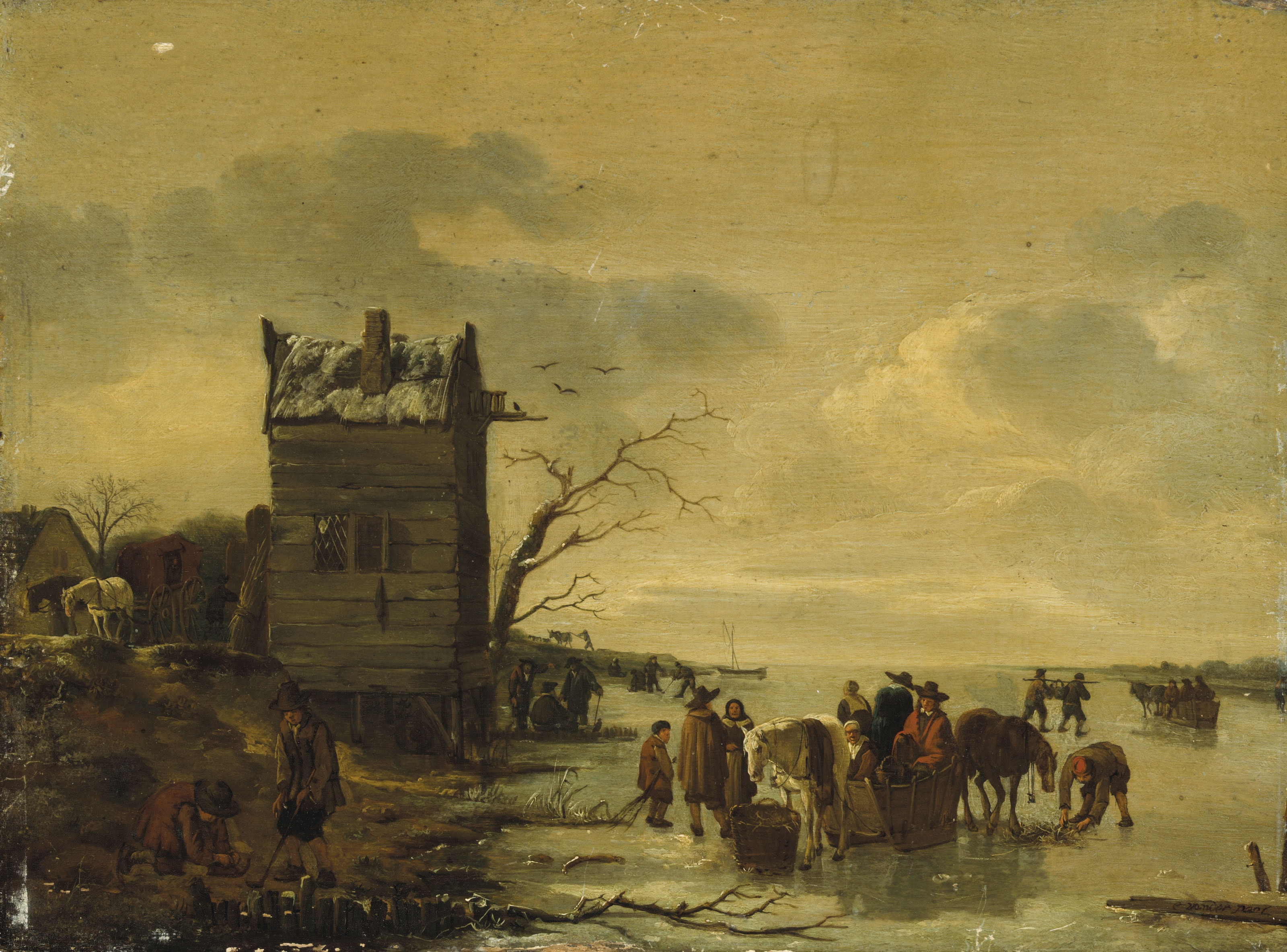 Egbert Lievensz. van der Poel, A winter landscape with townsfolk on the ice