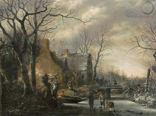 Salomon Rombouts, A winter landscape with peasants playing colf on a frozen river