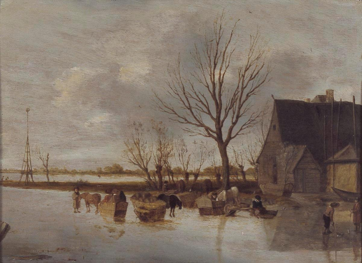Salomon van Ruysdael, Winter landscape with horse drawn sleighs on the ice. 1627