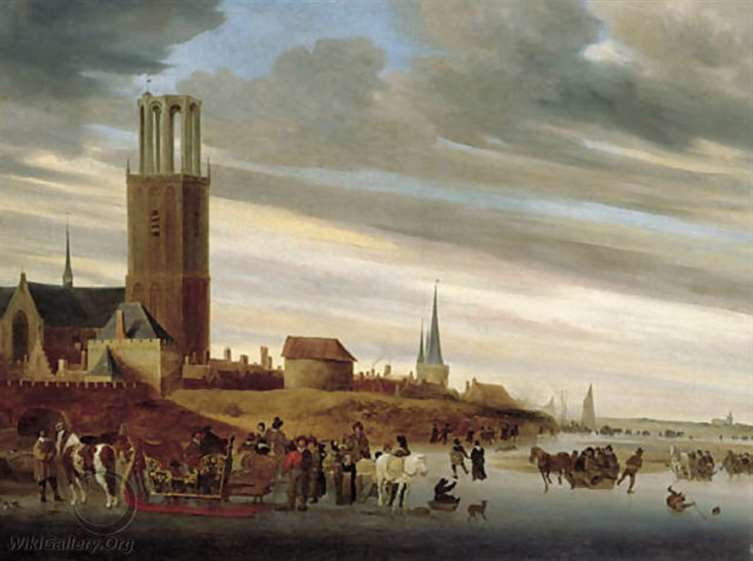 Salomon van Ruysdael, Winterlandschap met arrensleden op het ijs buiten de muren van Zwolle. Ná 1660