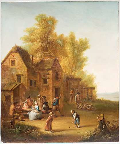 David Teniers II (?), Kinderen spelen in de avondzon colf op een boerenerf