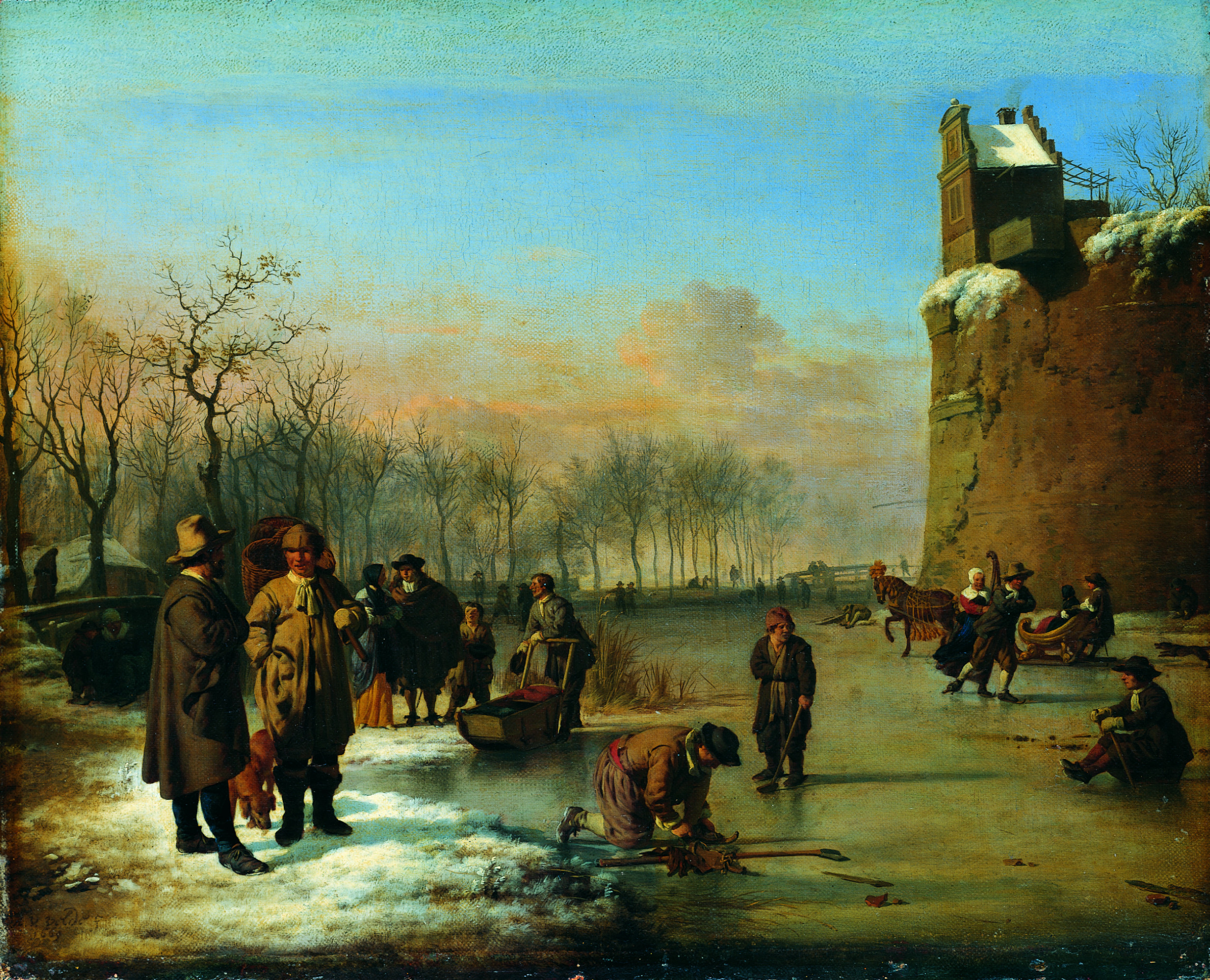 Adriaen van de Velde, IJstafereel bij een stadsmuur. 1669
