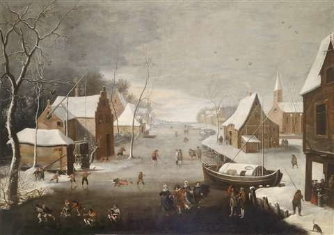 Jan Wildens, Winterlandschap met schaatsende en sleeënde figuren op het ijs