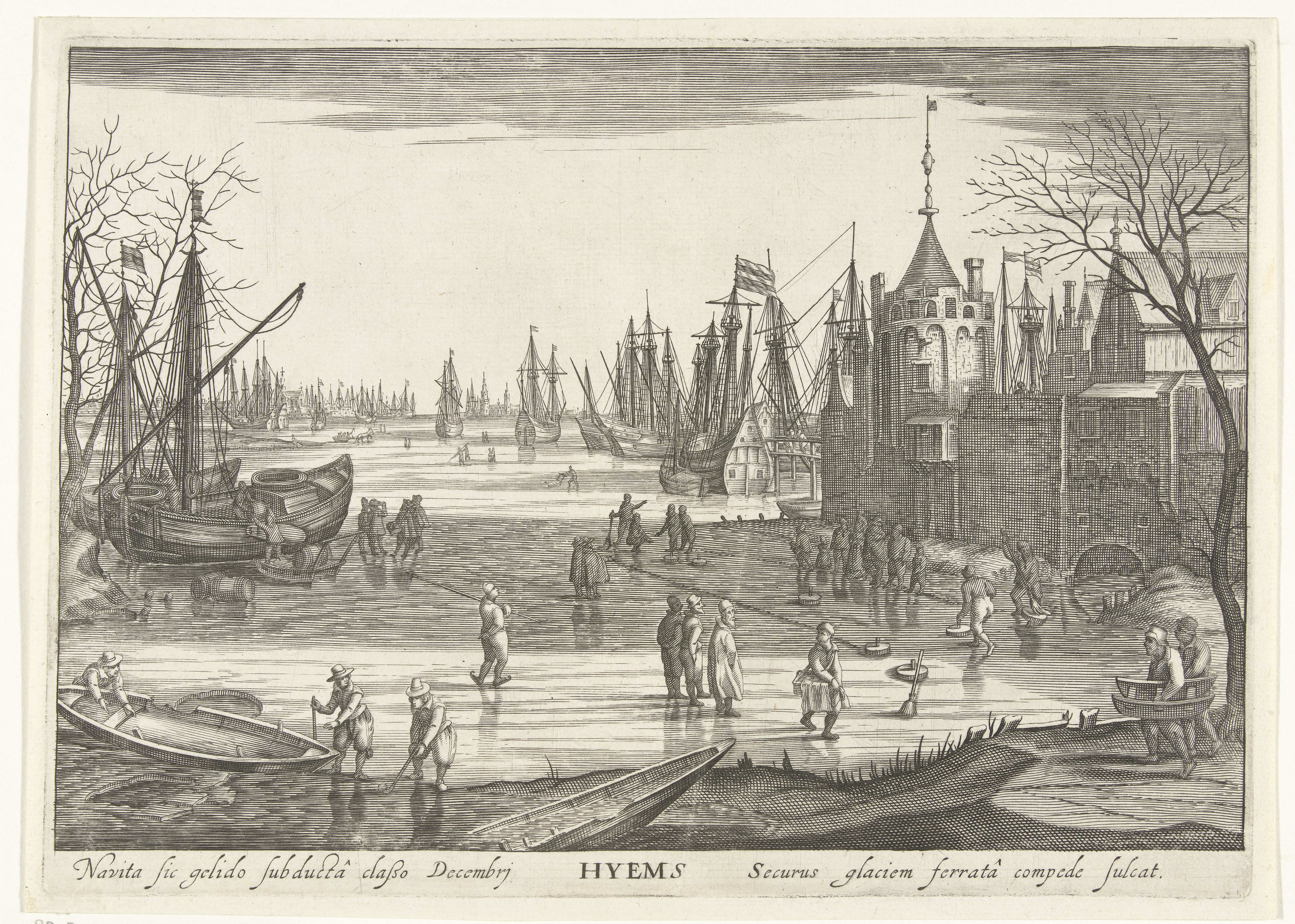 Robert de Baudous, Winter. Riverscape with several figures ice-skating and playing curling and colf