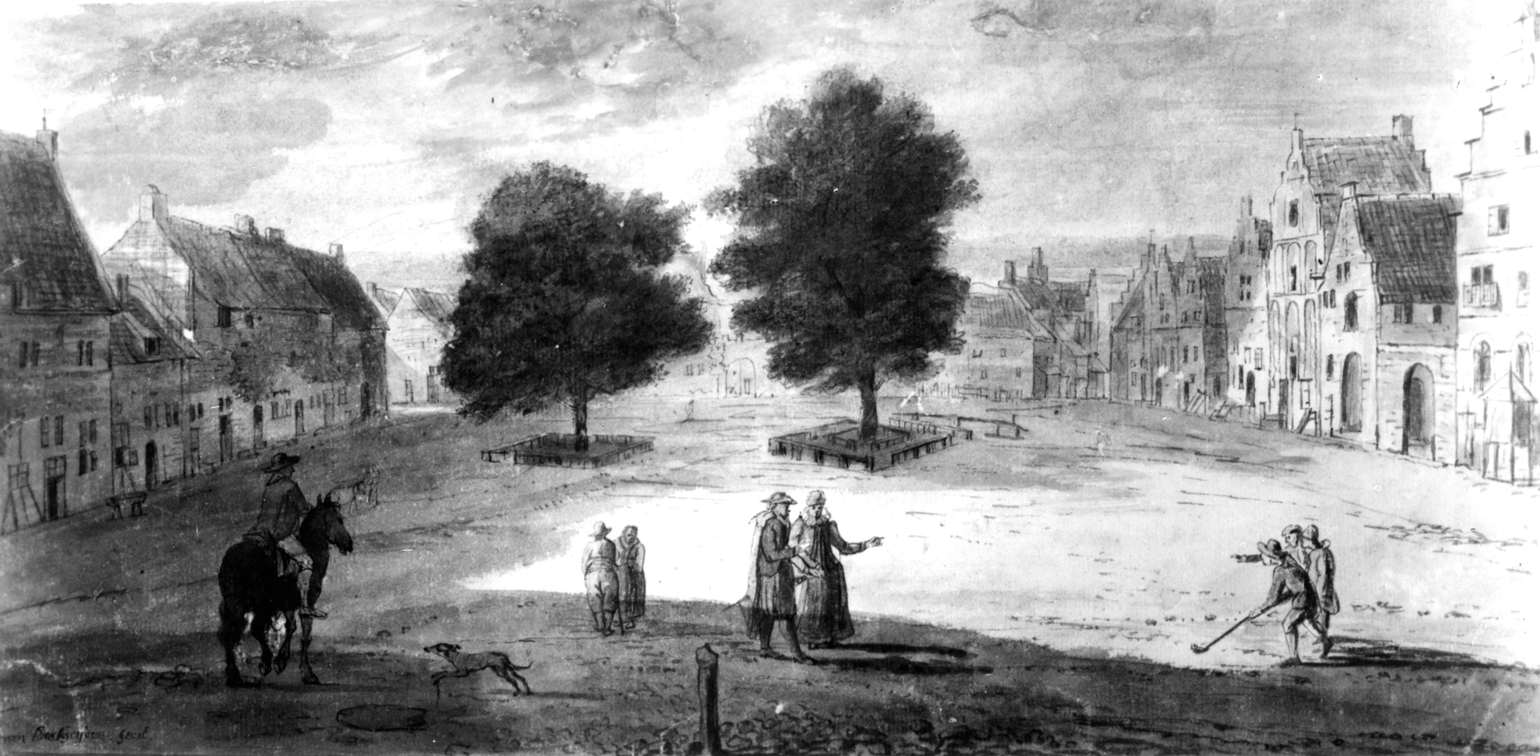 Gerrit Berckheyde, De markt te Kleve met figuren en twee colfspelers. Ca. 1660