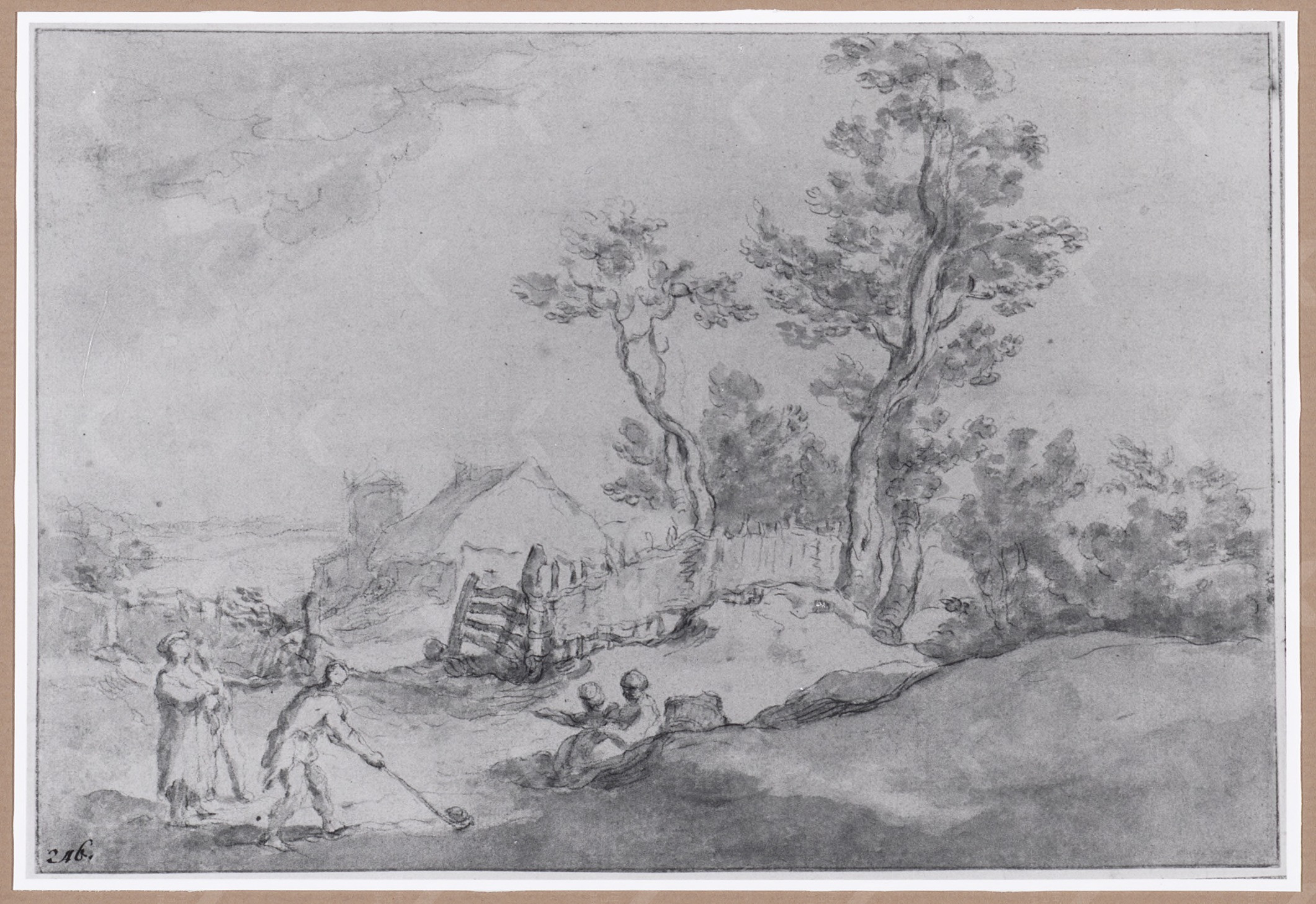 Abraham Bloemaert, Landscape with a farm, a group of peasants playing colf. C. 1650