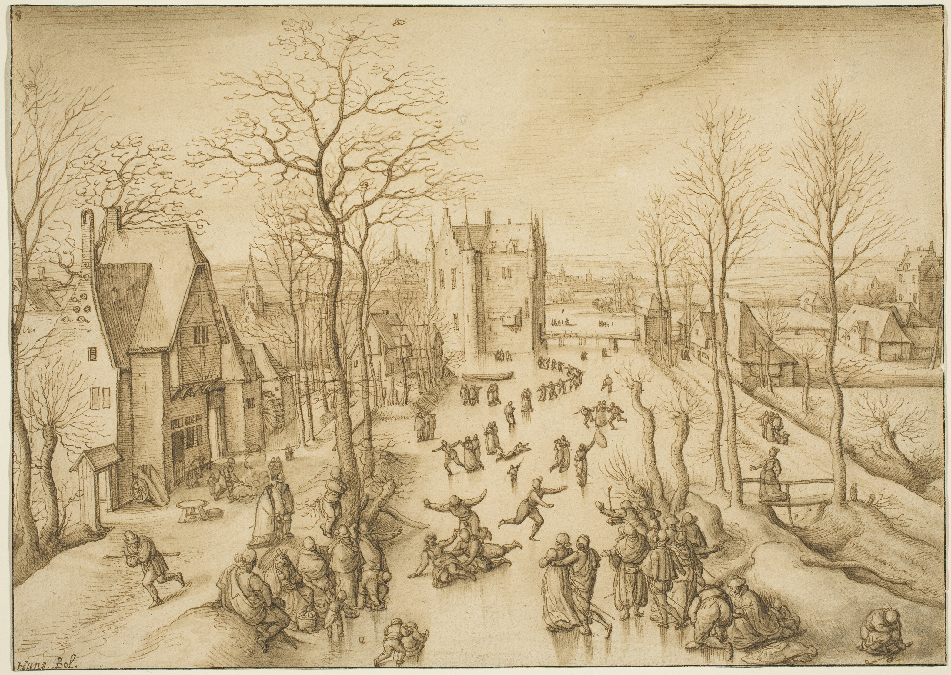 Hans Bol, Winter Landscape; a sad colf player can be found at the lower right corner. C. 1585