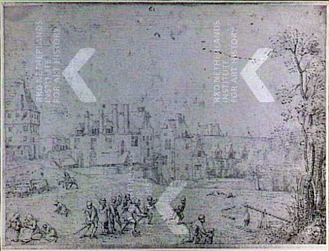 Pieter Breughel I, Men playing the goose-stick game or playing colf in a meadow before a city (Antwerp?). C. 1559