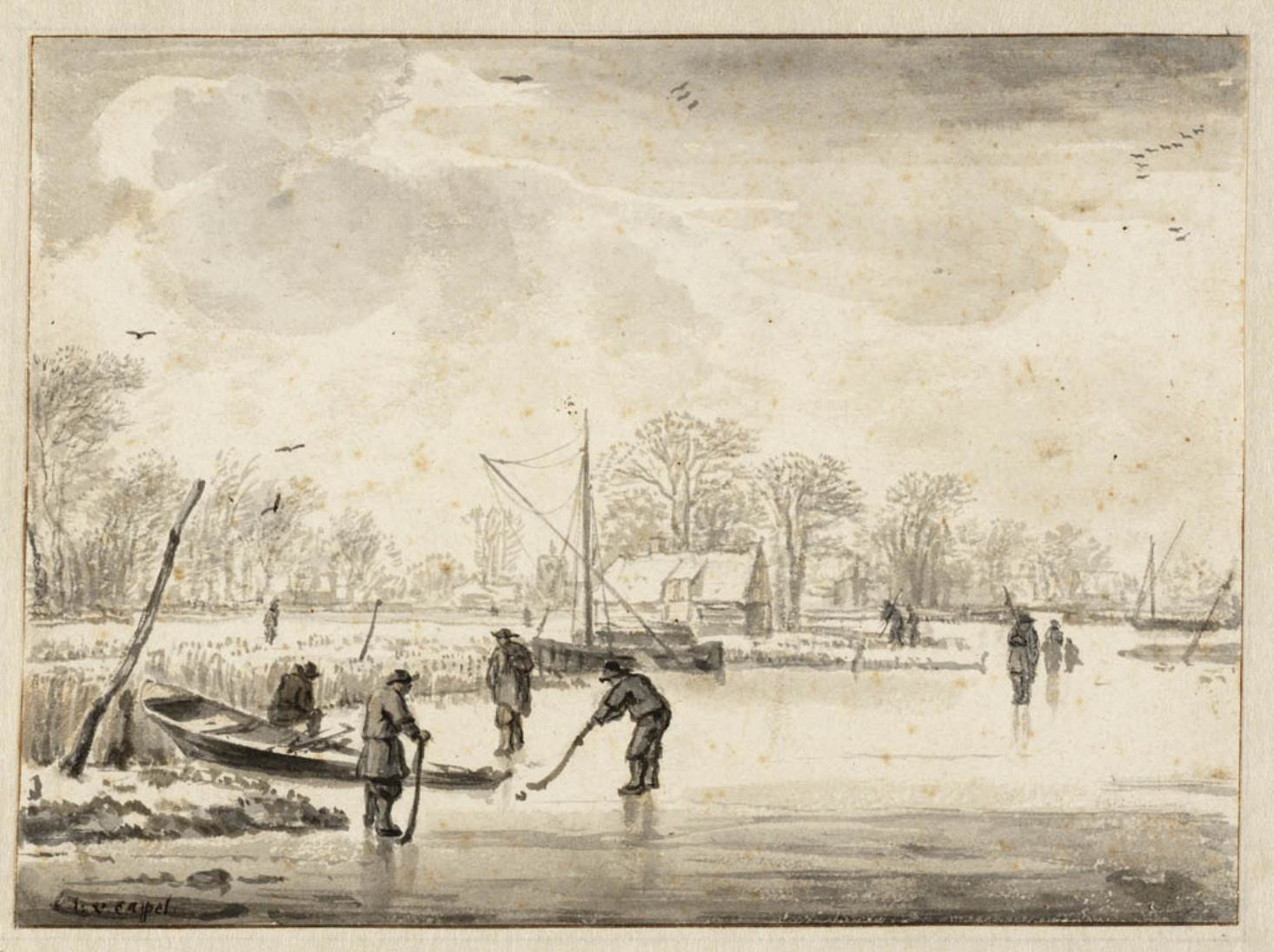Jan van de Cappelle Winterlandschap met colvers op het ijs