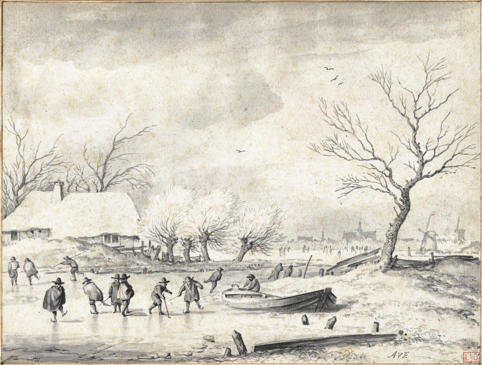 Allaert van Everdingen, Winter landscape with a skater and colf players on a frozen lake (February)